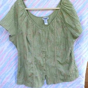 Y2K Vintage Cottagecore Gardengirl Plus Sized Embroidered Blouse In Sage Green